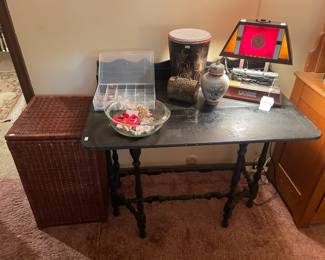 Wicker Hamper, Wooden Table, Lionel Train Table Lamp, Ginger Jars