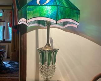 Glass and Brass Tiffany Style Lamp, Rustic Night-Stand
