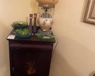 Antique Lamp, Vases, Antique Sheet Music Cabinet
