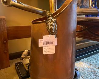 Copper Scuttle Bucket With Blue and White Handles
