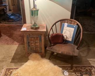 Vintage Short Wooden Chair, Rugs, Purses, Glass and Brass Tiffany Style Lamp, Rustic Night-Stand