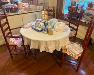 Ladderback Rush Seats Farmhouse Chairs Set of 6, Hazel Atlas Apple Tree of Life Milk Glass Snack Set 16 pc Set, Enoch Wedgewood Country Side 42pc set