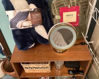 Blankets, Wooden Shelf, Vanity Mirror, Baskets