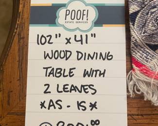 102" x 41" wood Dining Table with 2 Leaves