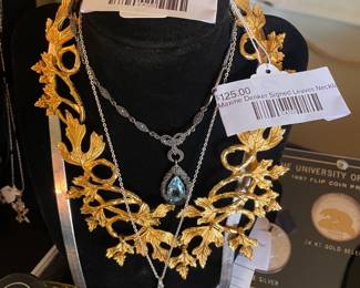 Maxine Denker Signed Leaves Necklace, Sterling Light Blue Stone Necklace