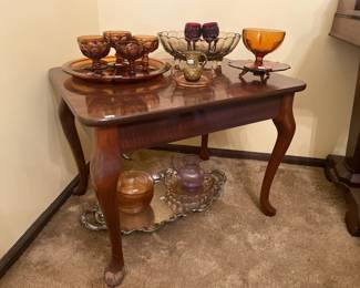 Wood Side Table, Vintage Glass