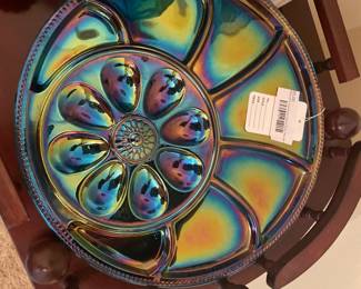 Iridescent Carnival Glass Egg Horse D'oeuvre Tray