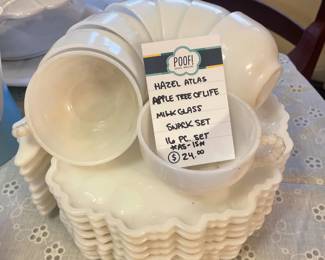 Hazel Atlas Apple Tree of Life Milk Glass Snack Set 16 pc Set