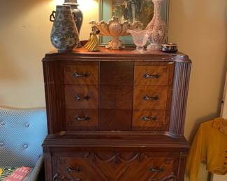 Antique Tall Dresser, Vases, Wall Art, Lamps
