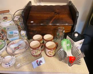 Mugs, Wooden Bread Box