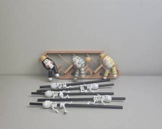 Wooden Cats Shelf and Skeleton Straws