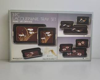 3 Piece Laquerware Tray Set Hand Decorated