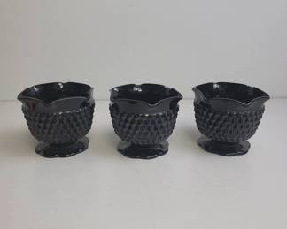3 Black Black Glass Hobnail Bowls