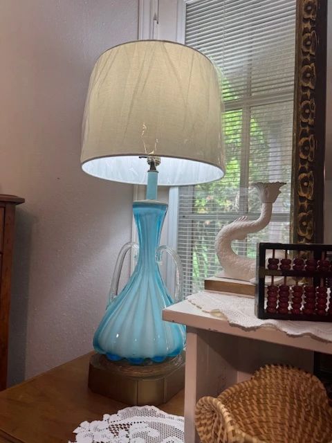 A PAIR of exquisite Vintage Blue-Turquoise Large Glass Lampe