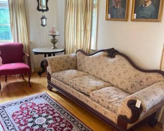 Antique sofa, nice living room setting, drapes available!