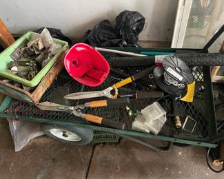 Garden tools, cart, door knobs