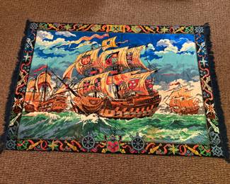 Vtg pirate ship velour tapestry, mint condition!