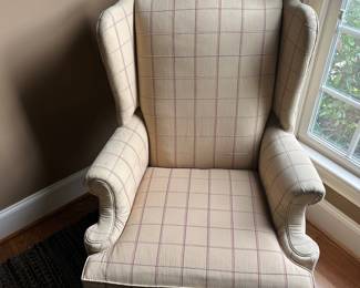 K63 - $50 each - 2 available. Wingback upholstered chairs. Some small stains, please see all photos. Measures 31"W x 27"D x 44"T