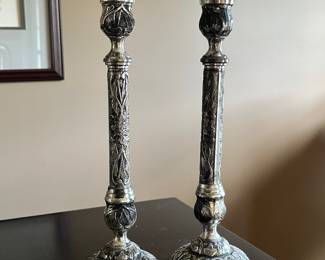 K176 - $15 PAIR. Decorative silvertone candlesticks 14" tall