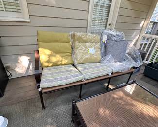 $2,450. Summer Classics SET. Priced with 2 Chairs. Couch & Coffee Table. Includes EXTRA cushions for each season! In very good condition - there is some bubbling on the arms. See photo of the worst part. Used on screened in porch. Couch Measures 79" long x 29" deep x 36" tall. Coffee Table Measures 44" long x 25" deep x 27" tall. Chairs Measure 28" wide x 26" deep x 36" tall.