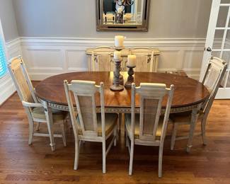 K53 - $250. Vintage Dining Table with Six Chairs. Measures 80.5W x 41.5D x 29T