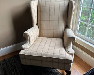 K63 - $50 each - 2 available. Wingback upholstered chairs. Some small stains, please see all photos. Measures 31"W x 27"D x 44"T