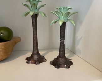 K23 - $25 - (Pair) Twos Company Cast Iron Palm Tree Candle Stick Holders