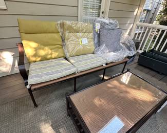 $2,450. Summer Classics SET. Priced with 2 Chairs. Couch & Coffee Table. Includes EXTRA cushions for each season! In very good condition - there is some bubbling on the arms. See photo of the worst part. Used on screened in porch. Couch Measures 79" long x 29" deep x 36" tall. Coffee Table Measures 44" long x 25" deep x 27" tall. Chairs Measure 28" wide x 26" deep x 36" tall.