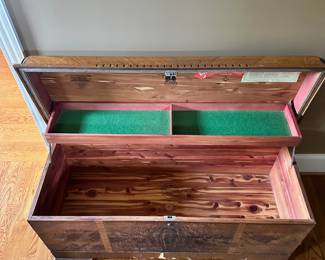 K61 - $50. Cedar Chest. Used condition with wear along the bottom. Inside is meticulous. 46"w x 18"d x 22"t