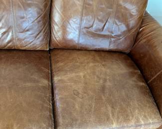 K43 - $1200 - Bradington Young Leather Sofa. Cognac Brown cushions that could use a good conditioning. See photos. No rips, holes etc. Lots of life left!!! Measures 90"w x 35"d x 34"t