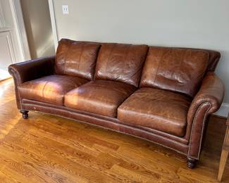 K43 - $1200 - Bradington Young Leather Sofa. Cognac Brown cushions that could use a good conditioning. See photos. No rips, holes etc. Lots of life left!!! Measures 90"w x 35"d x 34"t