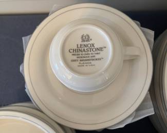 K89 - $150. Lenox Grey Brushstrokes set. Platter, 2 serving bowls, 13 dinner plates, 12 cereal bowls, 11 tea cups, 18 saucers, 14 salad plates, creamer.