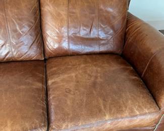 K43 - $1200 - Bradington Young Leather Sofa. Cognac Brown cushions that could use a good conditioning. See photos. No rips, holes etc. Lots of life left!!! Measures 90"w x 35"d x 34"t