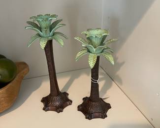 K23 - $25 - (Pair) Twos Company Cast Iron Palm Tree Candle Stick Holders