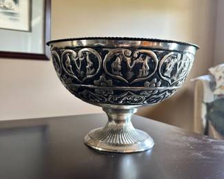 K175 - $15. Silvertone decorative pedestal bowl. 10" round 7" tall.