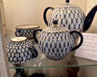 VERY RARE Russian Imperial Lomonosov Tea Pot with lid, two handled sugar with lid and 2 cups and saucer