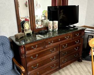 matching marble top dresser, TV, platform rocker to left