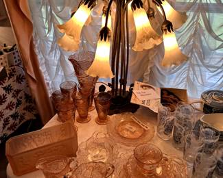 ornate tulip lamp, pink depression glass, "Pink Pear"