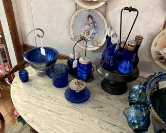Victorian era cobalt blue oil and vinegar set