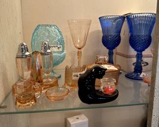 Fenton, depression glass, Avon Cobalt Blue stemware, fine perfume