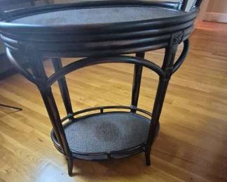 Ornate Natural Bamboo Rattan Brown Wicker Oval Tray Table Two Tier Server