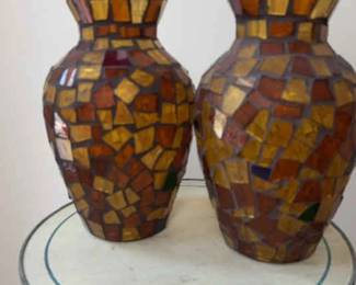 2 Mosaic Vase amber green blue 10 inches tall