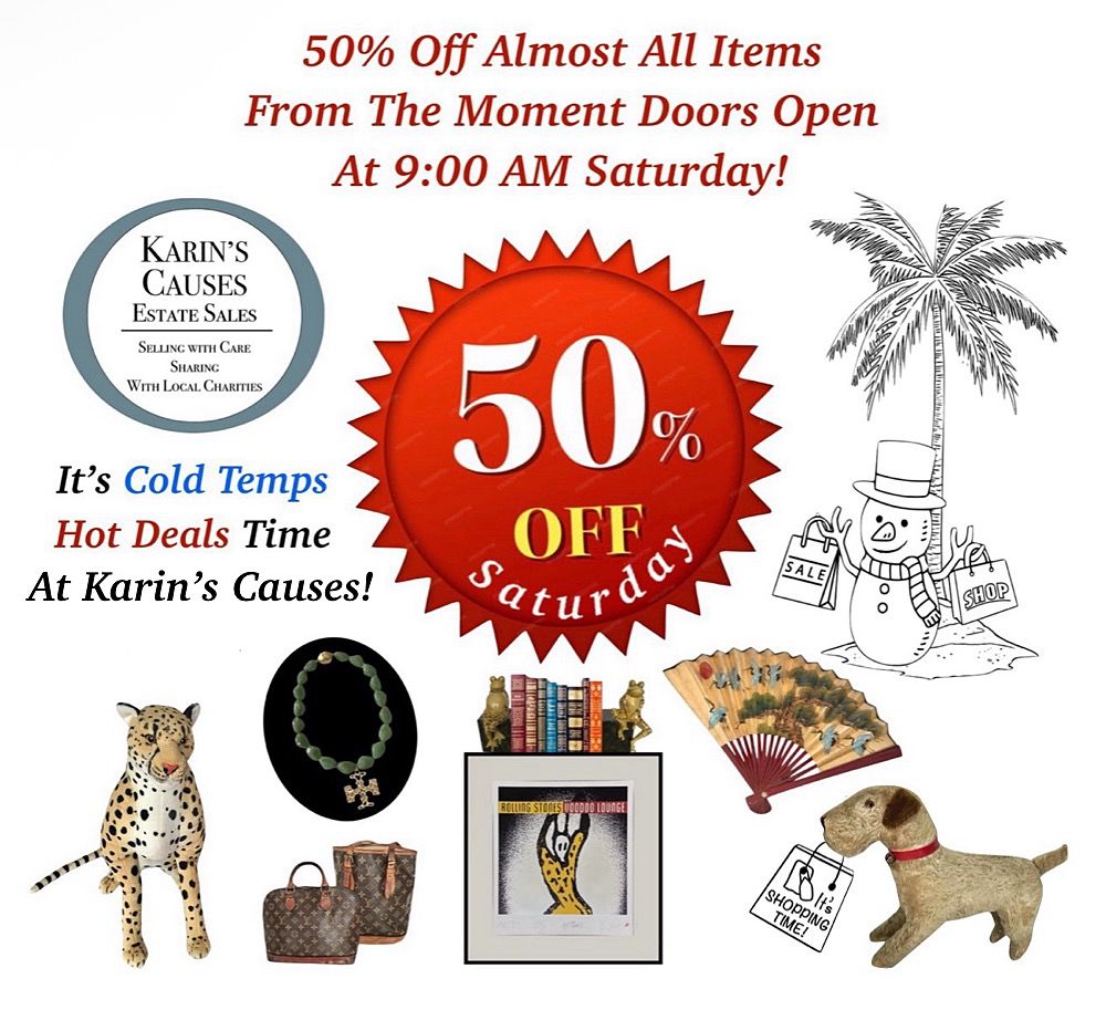 Escape the cold while enjoying  some bargain shopping.  Almost everything is half off Saturday, and we have some especially super jewelry and art you can grab at great prices.  NOTE: Not all items shown are available; some may have sold.  