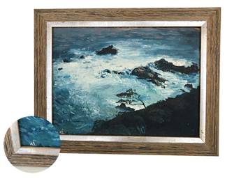 Oil on board seascape/waves breaking on rocks, in the manner of Arden von DeWitz; signed/initialed LL but signer’s identity remains elusive; framed: 10.5”H x 19.5”W