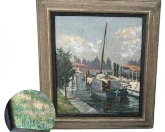 Original oil on canvas painting of boats in canal or docks; some paint loss; signed on LL: "Norris ‘87" (?); 12.5"H x 10" W
