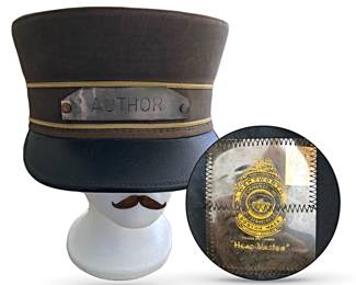 Rare Wentworth Forman Co. Inc. of Boston (1920 - 1929) Head-Master conductor’s cap with a twist:  AUTHOR incised on ID badge instead of railroad employee title; manufacturer and millinery union labels sewn inside