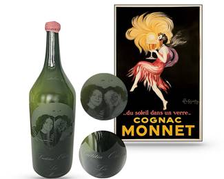 In bar décor:  A birthday celebration custom-etched large commemorative bottle from estate of Frenchwoman; dated 30 October, 2000;  honored attendees are Laëtitia Olivier and Leo Maxine or Marine (?); 26"H; and sold separately, a reproduction framed "Cognac Monnet" advertising poster designed in 1927 by Leonetto Cappiello (1875 - 1942)  (NOTE:  Poster image lifted from internet because ours was in storage at time of this upload.)
