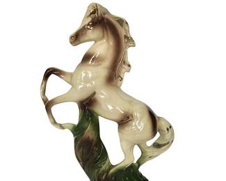 Glossy mid-century ceramic rearing horse by Marcia of California; company operating  in Los Angeles from c. 1940’s -1960’s was known for cookie jars, giftware and figurines fired in lush drip glazes; USA mark on bottom; 14” H