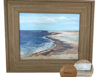 Oil on board seascape/coastline entitled "Thompson Beach" by M. Ricci; signed LR and on reverse; framed: 16.5”H x 20.5”W