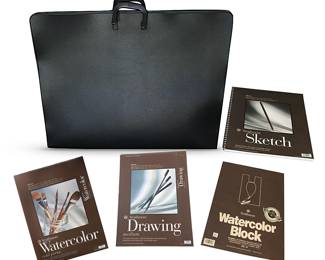 Artist’s supplies:  Zippered  artwork portfolio/carrying case, 24”H x 34”W; four Strathmore 400 Series never-used papers:  Watercolor w/12 sheets, 18”x 24”,140 lb.; Drawing  w/24 sheets, 18"x 24", 80 lb.; Sketch w/100 sheets, 14" x 17", 60 lbs; Watercolor Block w/15 sheets, 13" x 17", 60 lbs.  
